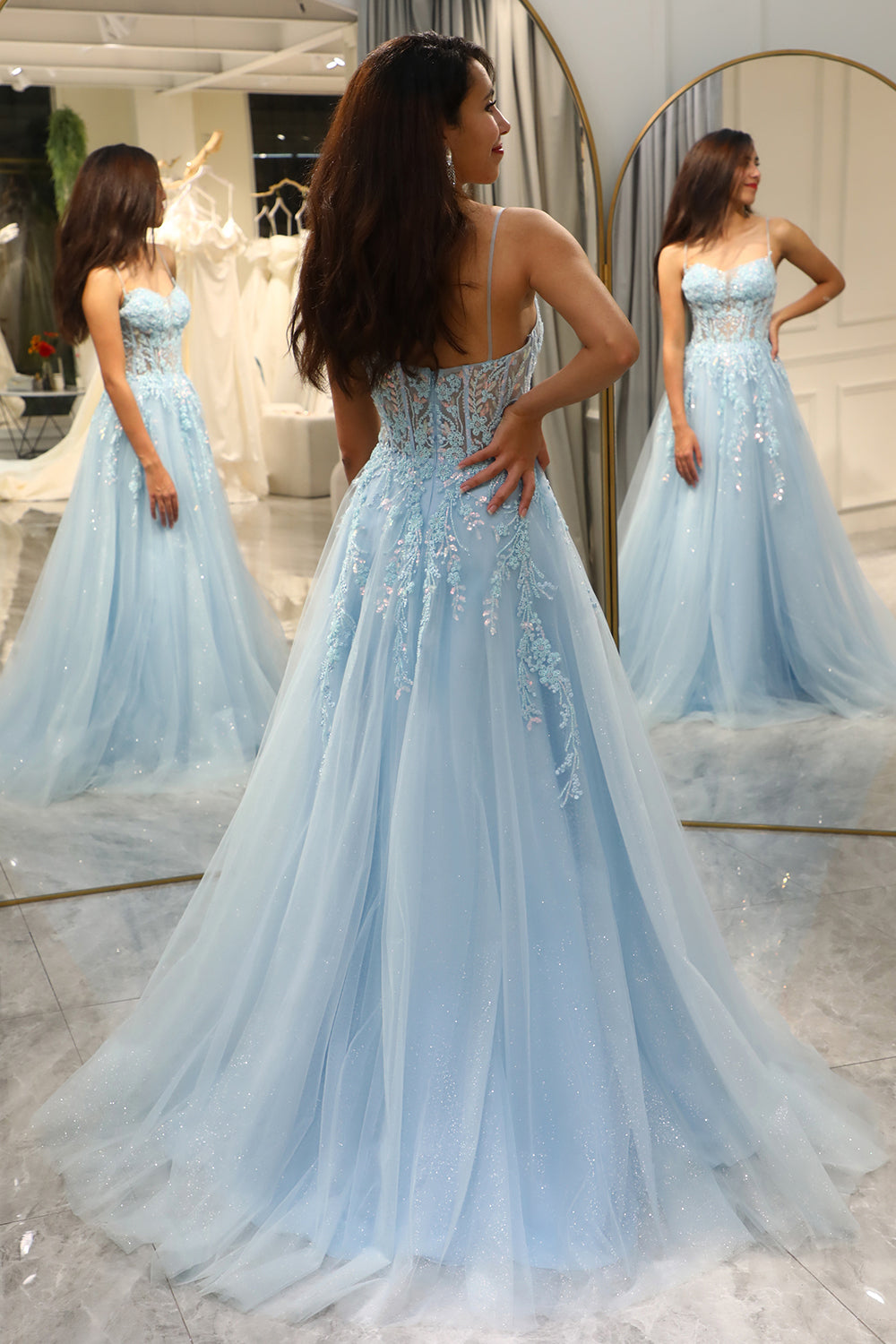 Luolandi A Line Fuchsia Spaghetti Straps Tulle Long Prom Dress With Appliques Beautiful